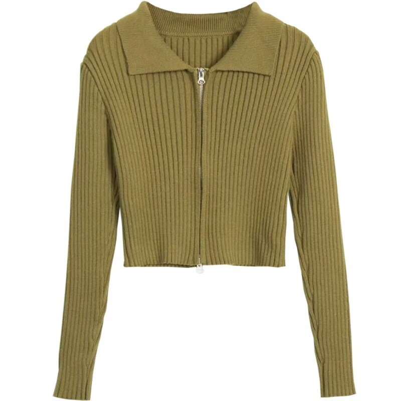 Americano retro cardigan casaco feminino fino ajuste all-combining camisola outono duplo zíper estilo ocidental lapela camisola curto topo