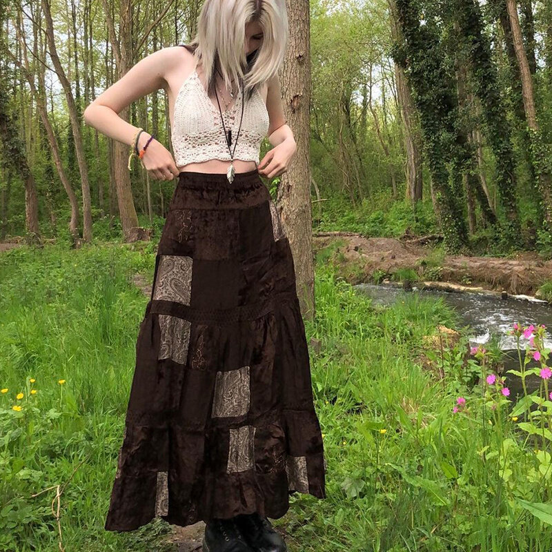 Hirigin y2k vintage marrom retalhos saias longas impressão boho grunge fairycore retro plissado saias kawaii férias feminino streetwear