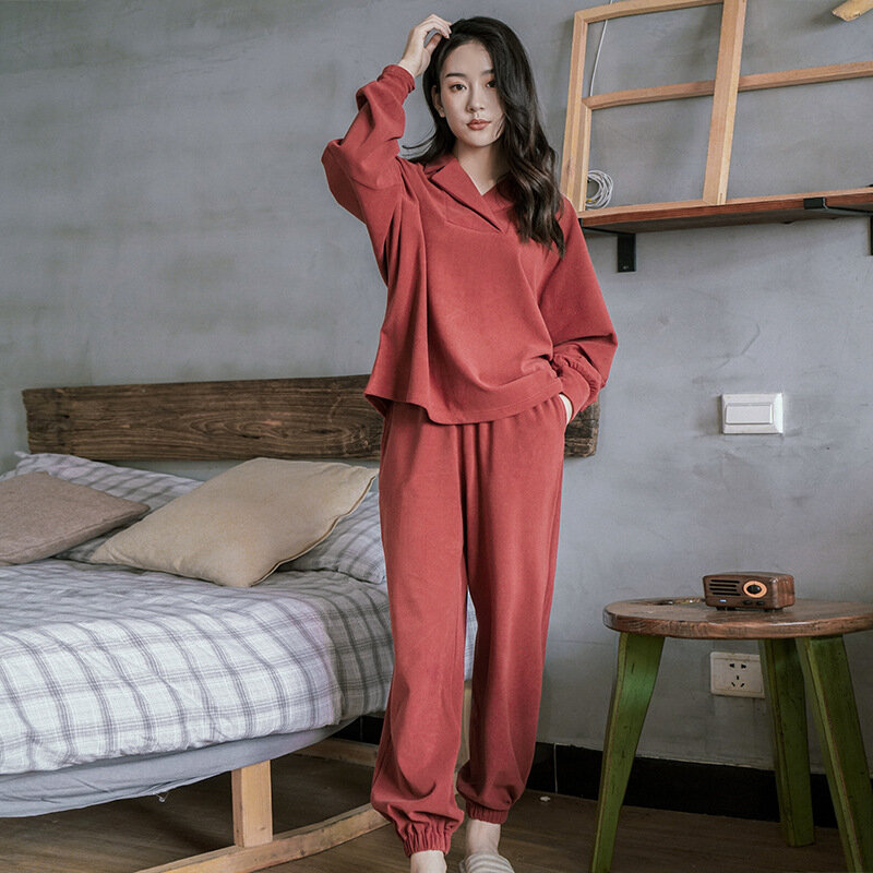 Winter Pajamas for Women Long Sleeve Trousers Sleepwear Solid Velvet Fabric Lounge Wear 2pcs Set Pijama Mujer Sexy Home Clothes