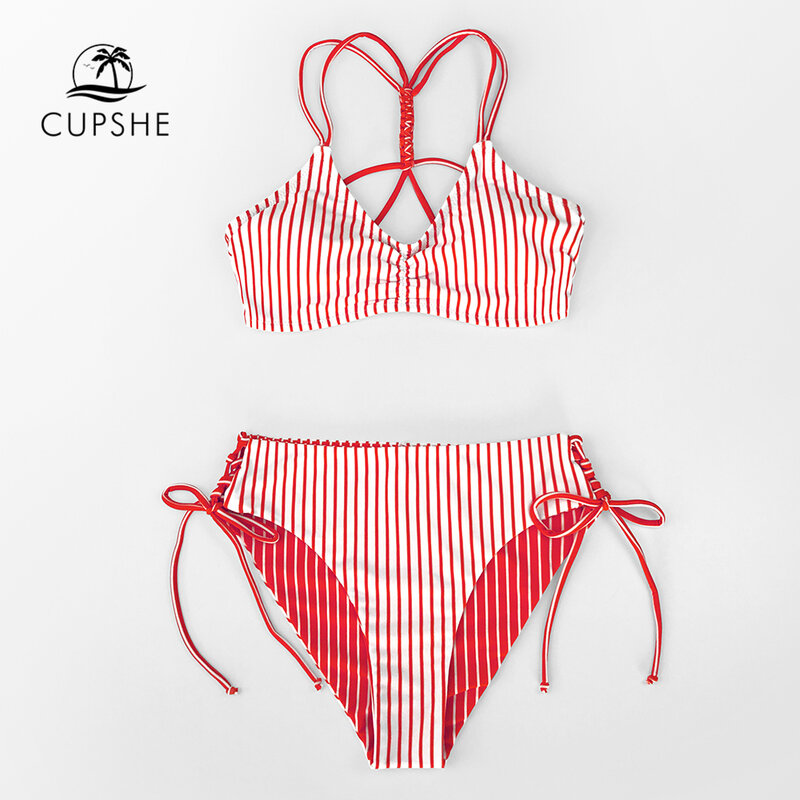 CUPSHE Red White Stripe Strappy Bikini Sets Sexy Reversible Bottom Swimsuit Two Pieces Swimwear Women 2021 Beach Bathing Suits