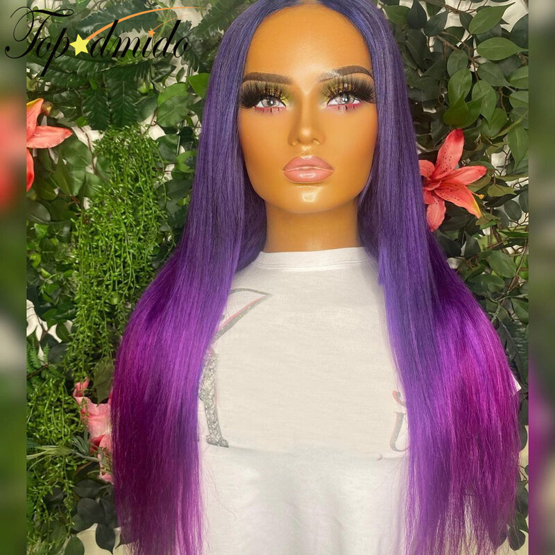 Perruque Lace Closure Wig sans colle brésilienne naturelle, cheveux lisses, couleur violette ombrée, 13x4, 4x4, pour femmes