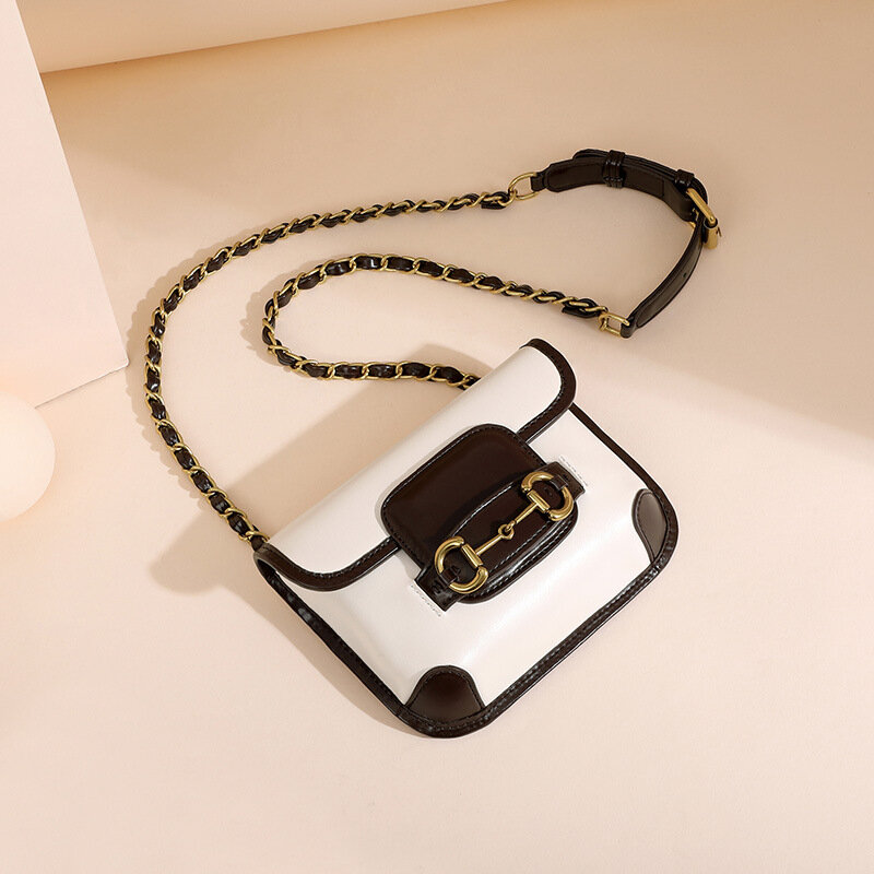 2021 New Messenger Bag Women Retro Fashion Luxury Beige Leather Chain Saddle Bag Square Mini Small Shoulder Bags