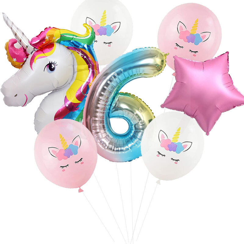 7 Pçs/set Rainbow Unicorn Unicórnio 32 polegada Número Balão Foil Balões de Festa de Aniversário Decoração Do Partido Dos Miúdos Do Bebê Chuveiro de Ar Globos