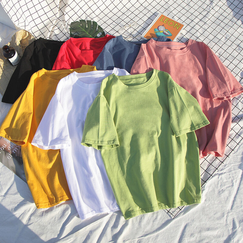 Camiseta de algodón de color liso para mujer, blusa Harajuku de cuello redondo para estudiante de secundaria, top coreano para chica