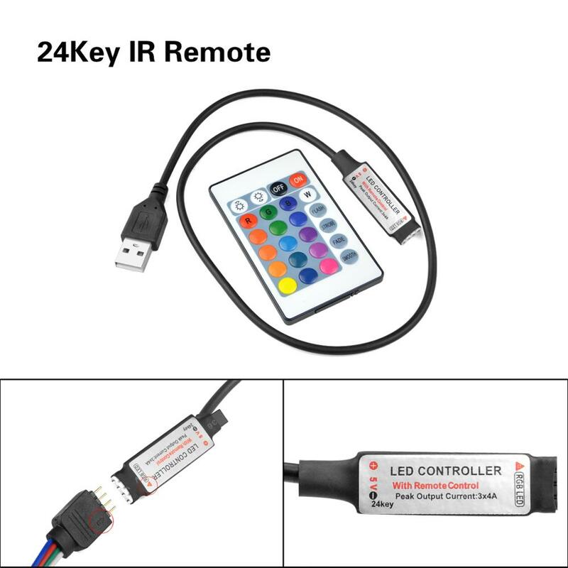 DC 5V USB LED 스트립 RGB 컨트롤러 미니 3 키/24 키 IR 리모터/17 키 RF 무선 리모터 제어, LED 스트립 라이트용