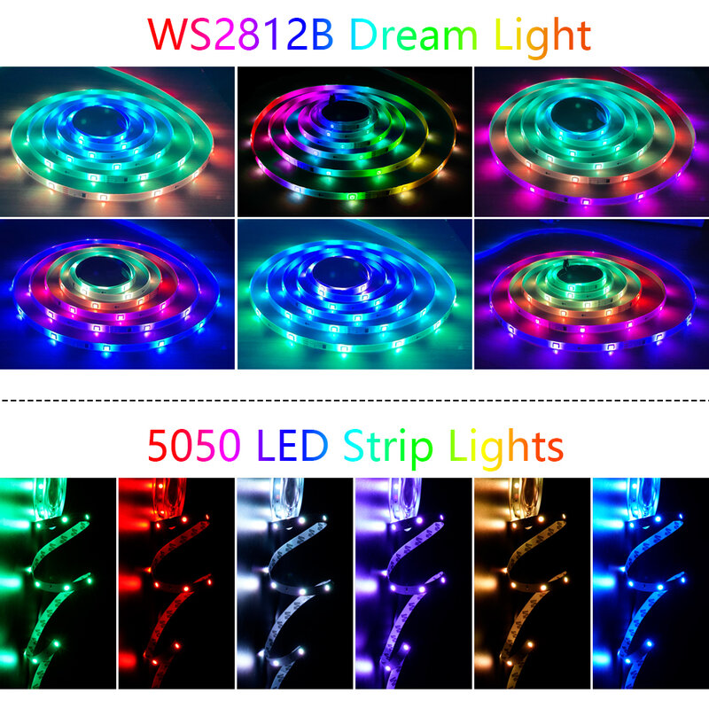 LED Strip Lights USB Bluetooth WIFI 5050 WS2812B RGBIC Individually Addressable Dream Color Light Bedroom TV Computer Decoration