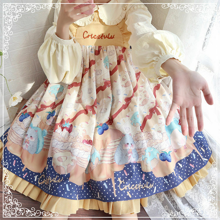 Осеннее милое платье Jsk Lolita, женское милое платье без рукавов с мультяшным принтом хомяка, милое платье принцессы с оборками и вышивкой