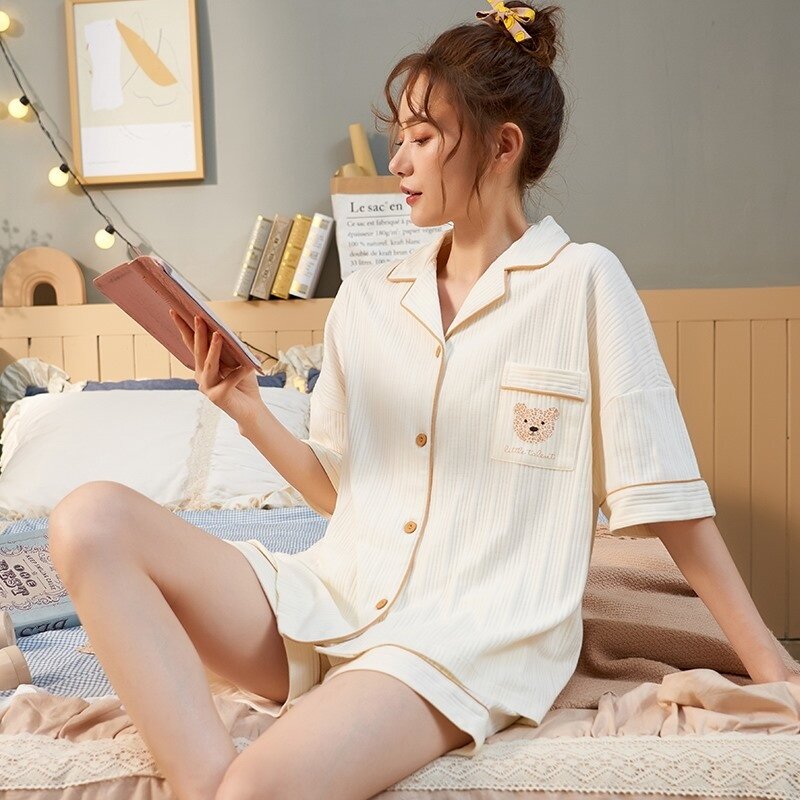 Verão 2021 novo pijama feminino coreano cardigan fino manga curta puro algodão estudante urso casa terno