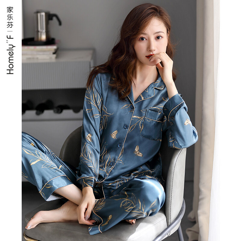Pajamas WOMEN'S Spring Summer Silk Ice Silk Long Sleeve Clothing Imitated Silk Fabric Thin Spring and Autumn Two-Piece Suit