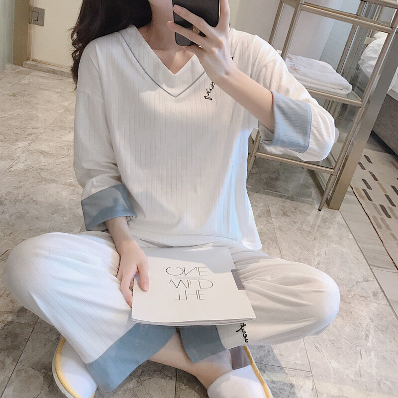 2019 Women Pajamas Sets 2 PCS/Lot Spring Cotton Long Sleeve V Neck Sleepwear Pijamas Embroidered Homewear Casual Pyjamas