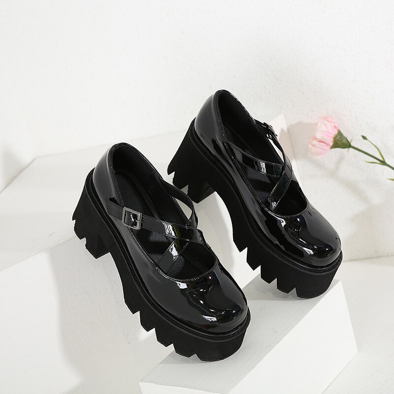 Buty Mary Jane kobiety płytkie usta nowe japońskie buty na wysokim obcasie buty dziewczęce pasek krzyżowy klamra platforma obuwie damskie