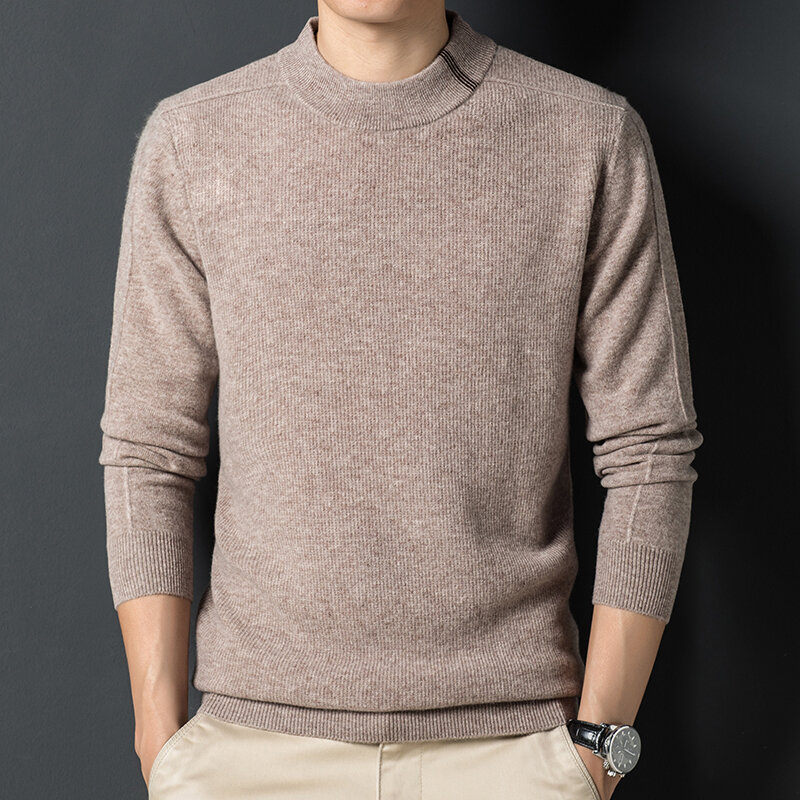 Autumn and winter men's new half high neck knitted business bottomed 100% wool thickened cashmere sweater