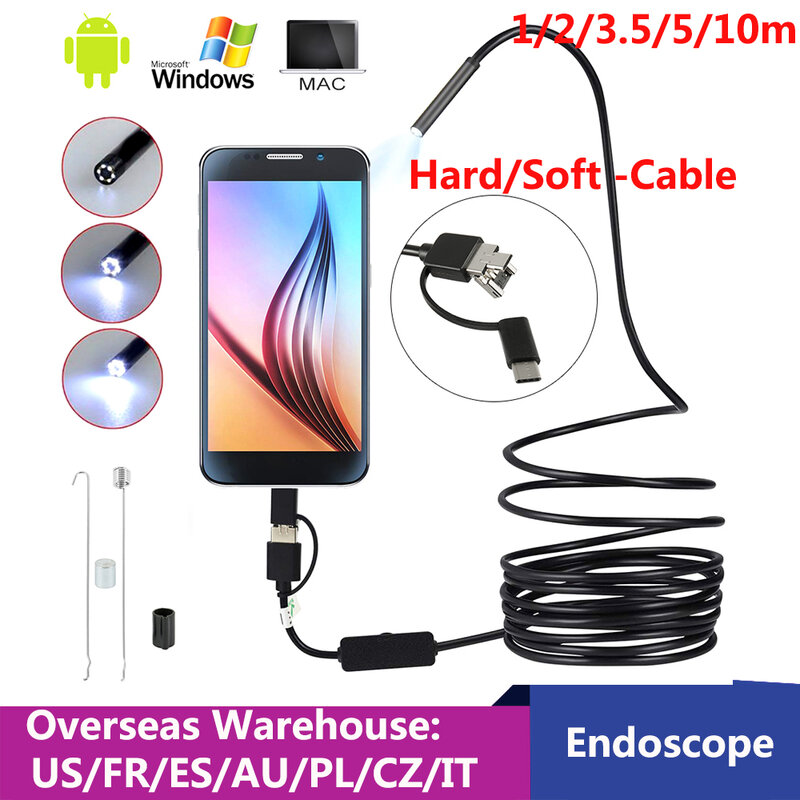 6LED USB Mini Endoscope Camera 1/2/3.5/5/10m Flexible Hard Cable Snake Borescope Inspection Camera for Android Smartphone PC