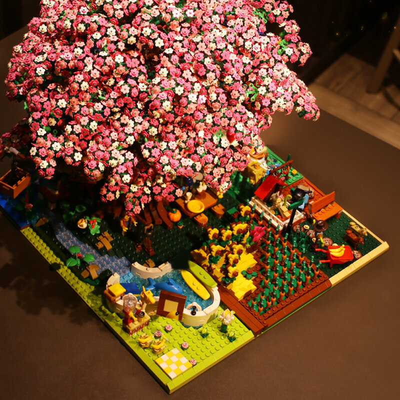 Drzewo wiśni ulica miasta widok domek na drzewie MOC Model klocki miasto Resort kreatywny DIY cegły figurki zabawki dla dzieci