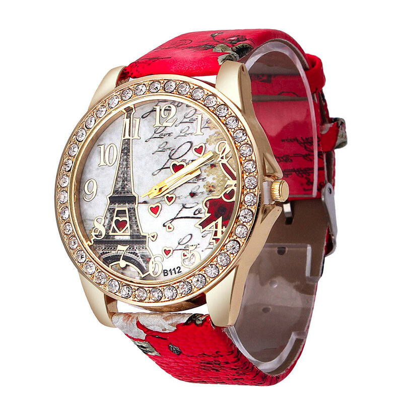 Relógio retro criativo com pulseira de diamante, relógio analógico de quartzo com pulseira de couro para casal com padrão da torre do amor