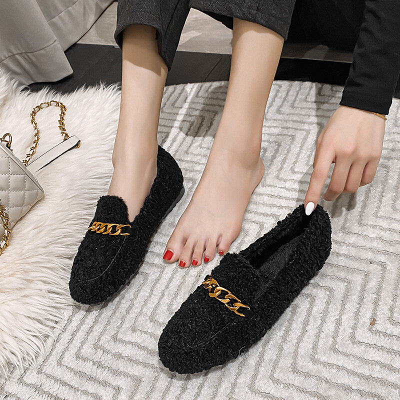 Winter 2021 Fashion designer women's plush flat soles and fleece rhinestones warm large size shoes free shipping