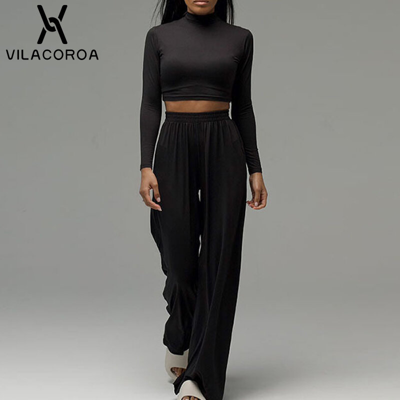 Turtleneck Basic Casual Sports Women Long-Sleeve Sets Slim T-Shirt High Waist Straight Trousers Two-Piece Suit Office Lady Suit
