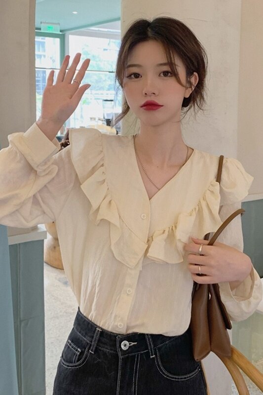 Camisa feminina plissada com decote em v, blusa de manga longa para mulheres, design macio, primeiro outono 2021