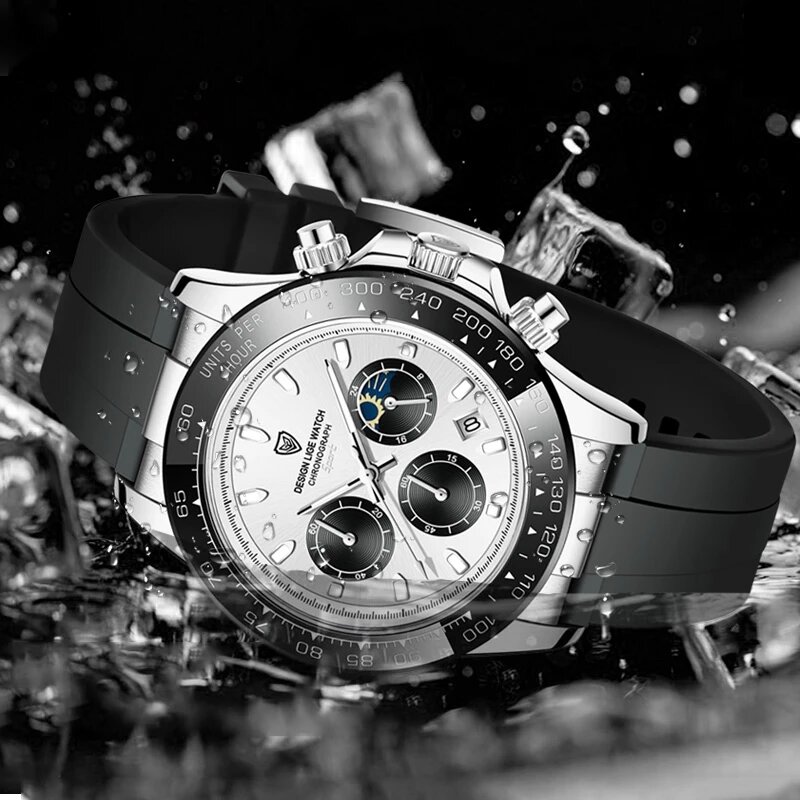 2021 Nieuwe Waterdichte Siliconen Band Quartz Heren Horloges Top Brand Luxe Creatieve 24 Uur Maan Waterdicht Chronograaf Relogio