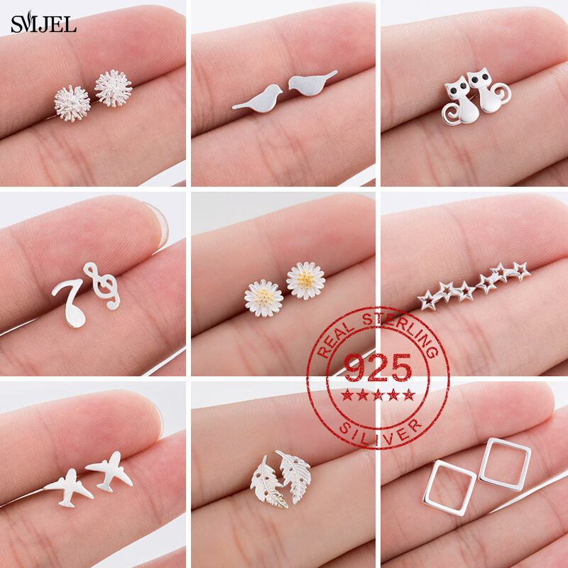 Real 925 Sterling Silver Mini Earrings for Women Personality Daisy Bird Cat Triangle Music Stud Earrings Child Best Gift