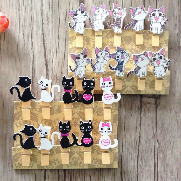 10pcs Kawaii Cat Wooden Paper Clips with Hemp Rope Photo Picture Hanging Decoration Mterial Oficina Supplies