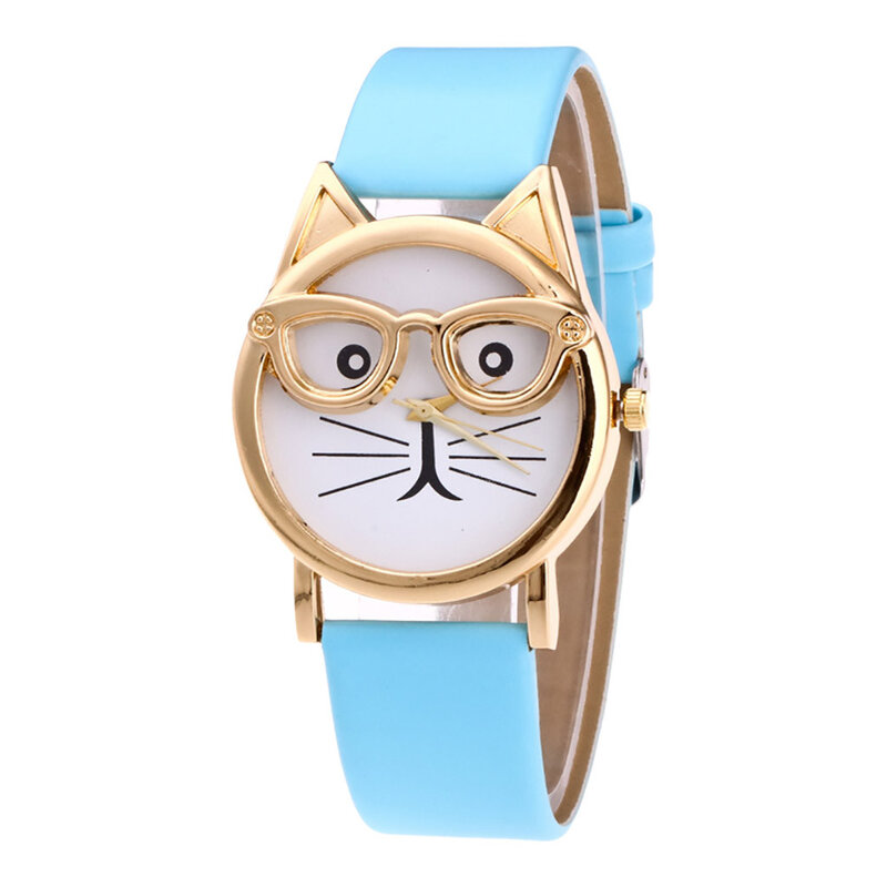 2020 Women Fashion  Lovely Cat Quartz Watch Braceletes Stainless Steel With Glasses Dial Watch Minimalist Sleek Quartz Watch