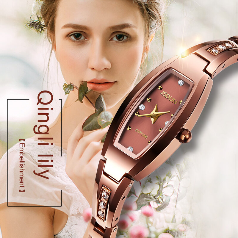 JSDUN Baja Tungsten Kuarsa Jam Tangan untuk Wanita Watch Top Brand Mewah Safir Cermin Tahan Air Wanita Elegan Watch Hadiah