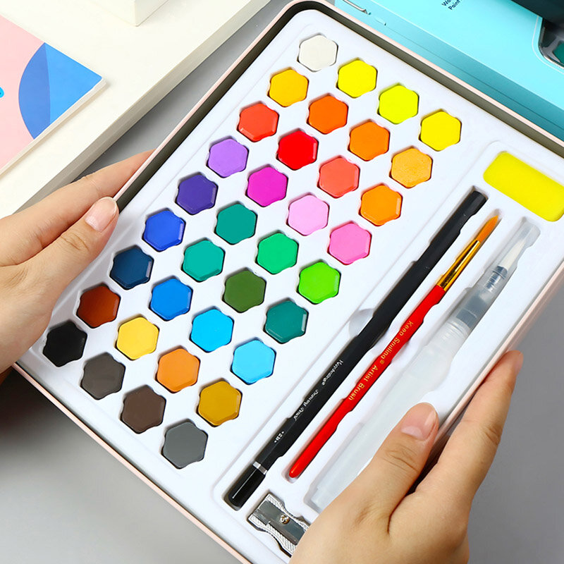 Conjunto de acuarelas con 36 colores adorables, portátil para estudiantes, en una caja de metal ideal para dibujar en clase, papelería, materiales de arte