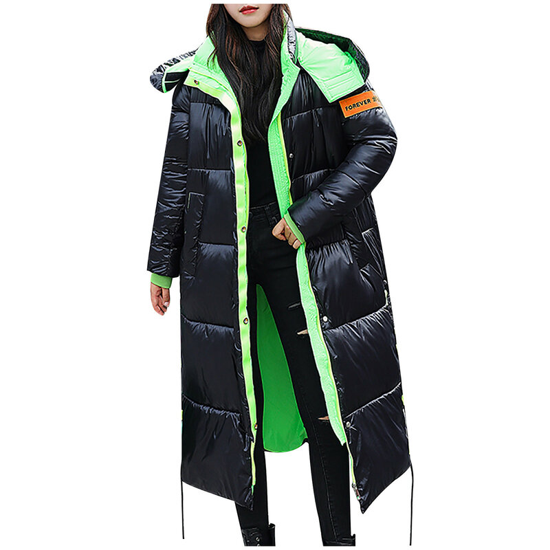 패션 겨울 여성의 긴 광택 오버-무릎 다운 재킷 후드 코트 파커 두꺼운 겨울 자켓 여성 Outwear # T2G