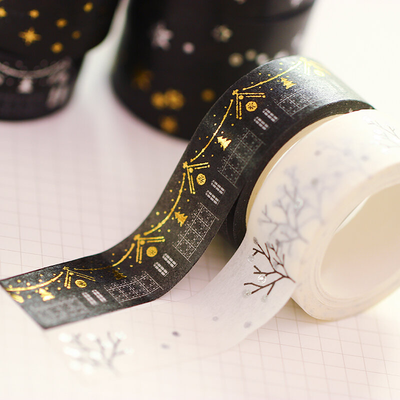 Cinta de Papel texturizada blanca y negra minimalista para manualidades, Pda plateada, pequeña cinta Floral fresca, cinta adhesiva decorativa, 5m