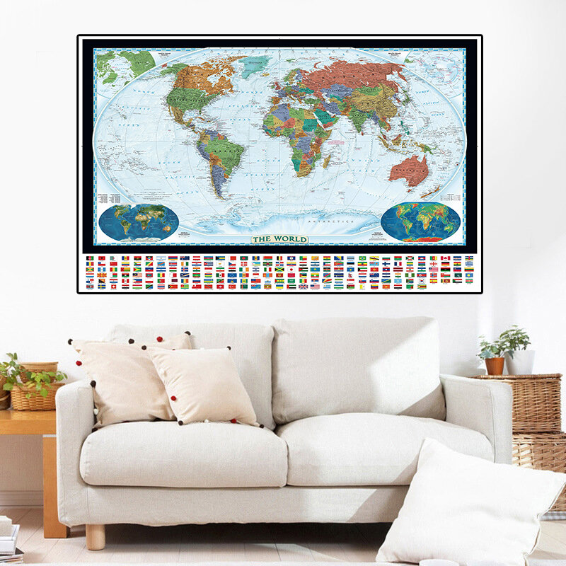Toile non tissée de la carte du monde avec drapeaux nationaux, 150x100cm, peinture murale moderne, affiche d'art pour salon, décoration de la maison