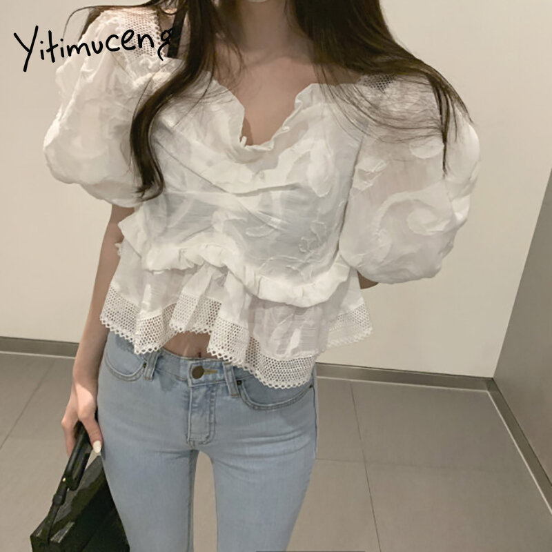 Yitimuceng خمر الأزهار طباعة قميص المرأة Ruched بلوزات كبيرة الحجم الكورية موضة الكشكشة بلوزة قصيرة نفخة الأكمام 2021 الصيف