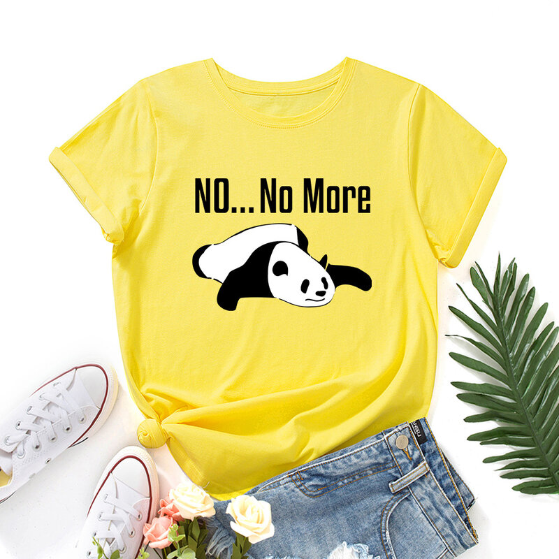 Nie więcej śpiąca koszulka z nadrukiem z pandą kobiet z krótkim rękawem O szyi luźna koszulka letnia damska koszulka przyczynowa topy Camisetas Mujer
