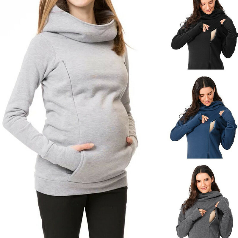 Sweat-shirt de maternité à manches longues pour femme, pull-over de grossesse, à capuche, pour allaitement