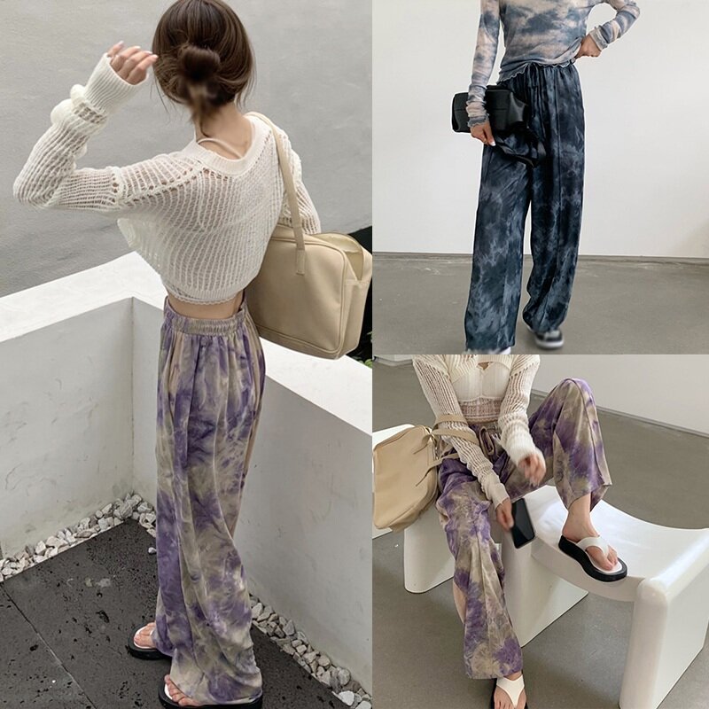 Pantalones elásticos de pierna ancha para mujer, pantalón informal, Harajuku, estampado de rayos Retro, Hip Hop, primavera y verano