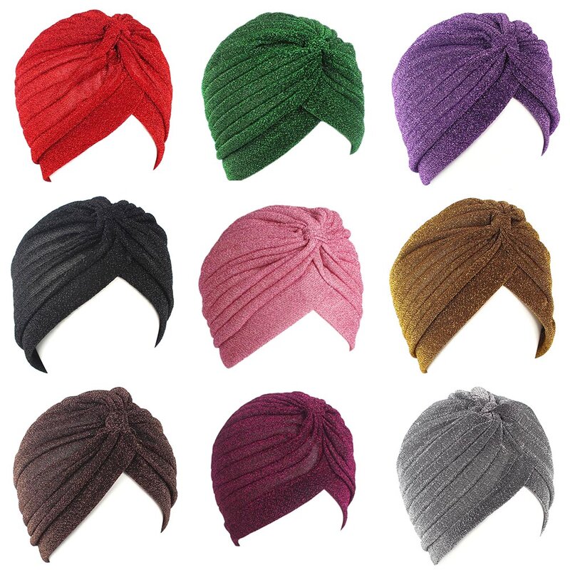 Mulheres brilho prata ouro nó torção turbante headbands boné outono inverno quente headwear casual streetwear feminino muçulmano indiano chapéus