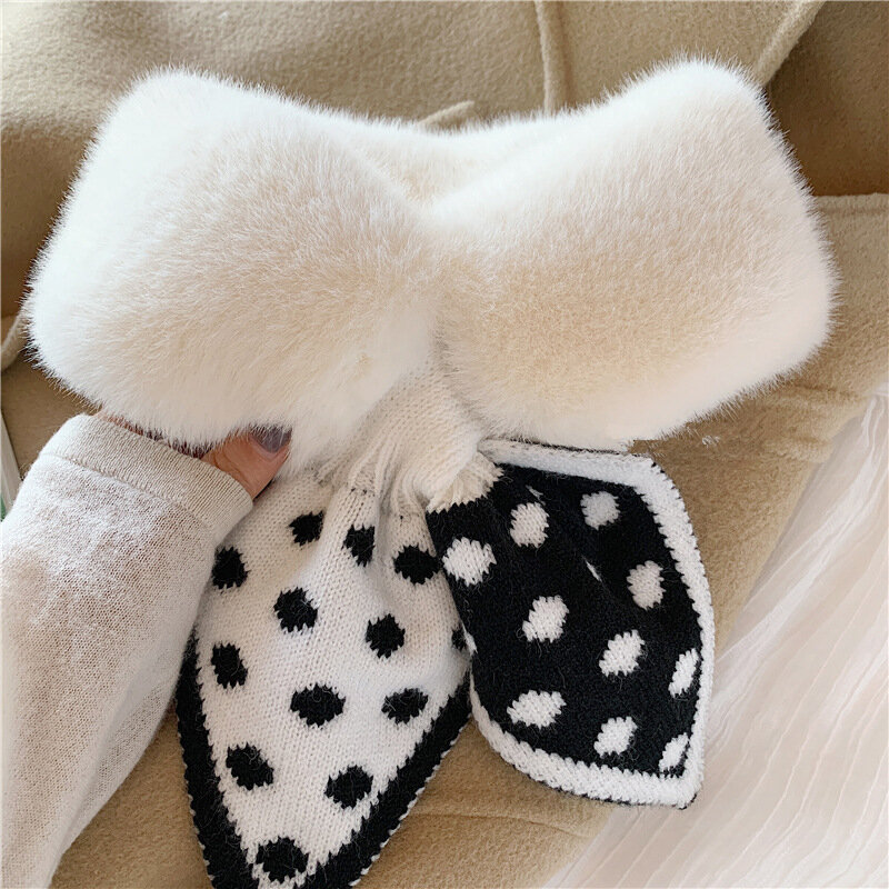 겨울 두꺼운 따뜻한 가짜 토끼 모피 목 칼라 스카프 Neckerchief 여성 한국 패션 도트 인쇄 디자이너 니트 스카프 숙녀 들어