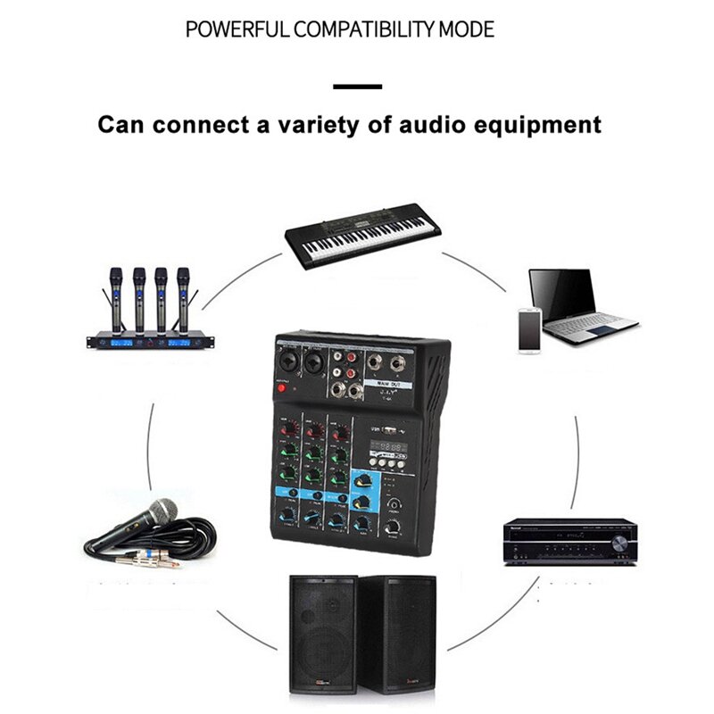 Mezclador profesional de 4 canales con Bluetooth o consola de mezcla de DJ con efecto de reverberación PARA Karaoke en casa, USB, KTV de escenario en vivo