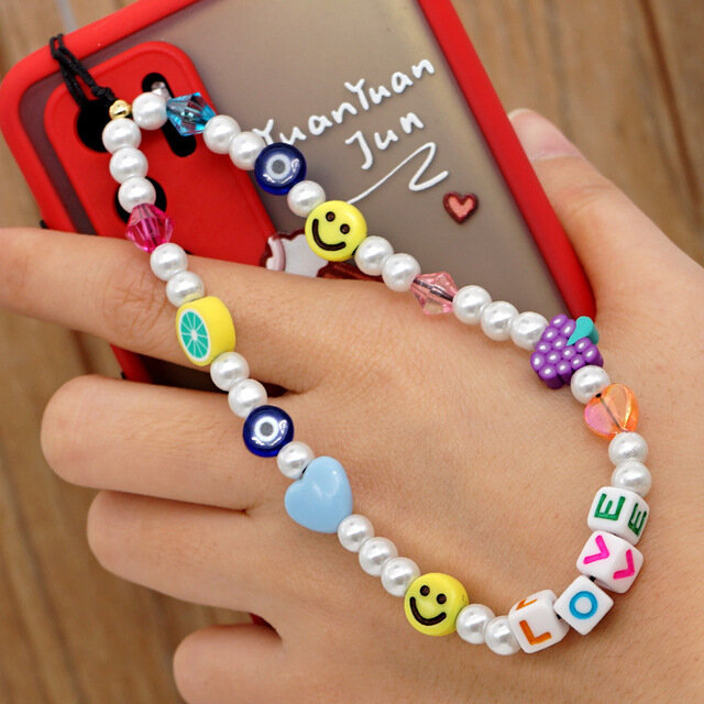HUANZHI New Mobile Phone Strap Lanyard Colorful Smile Pearl Soft Pottery Rope for Women Cell Phone Case Hanging Cord Beads Chain