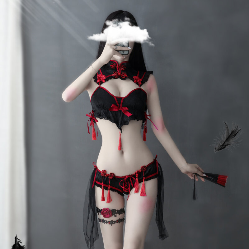Women Sexy Cosplay Costumes Traditional Dress Gothic Punk little Devil Bra Set Black Cheongsams Party Fashion Solid Color Satin