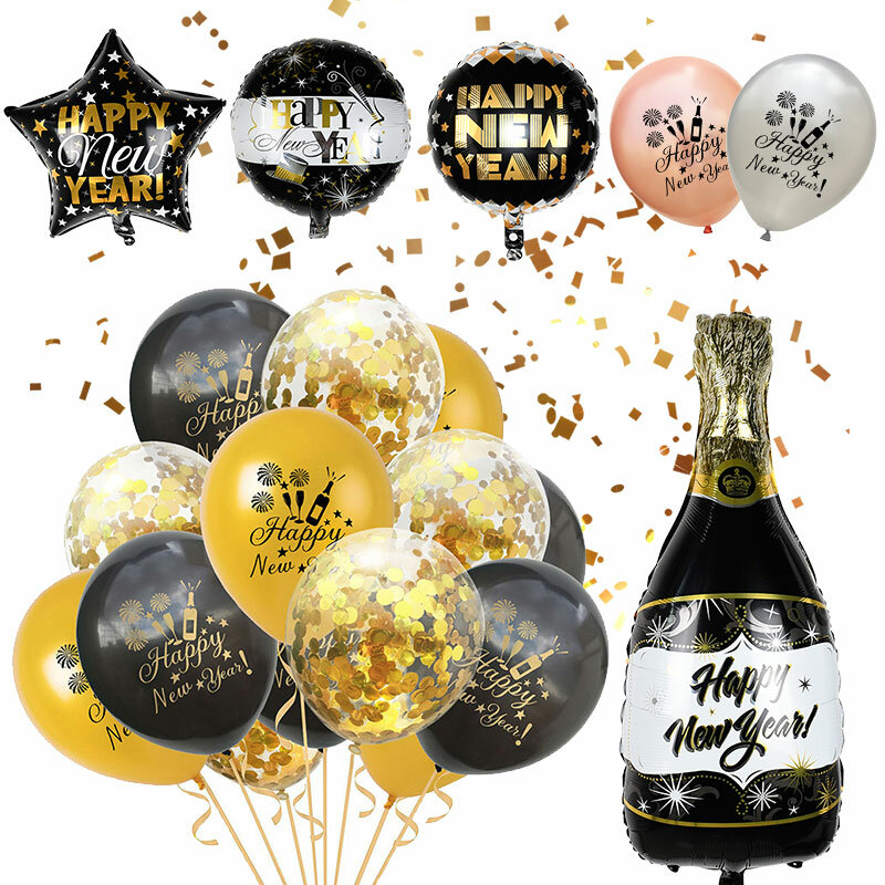 Happy New Year Balloon Round Star Wine Bottle Foil Latex Air Balloon Helium Ballon New Year Party Decoration Happy New Year 2020