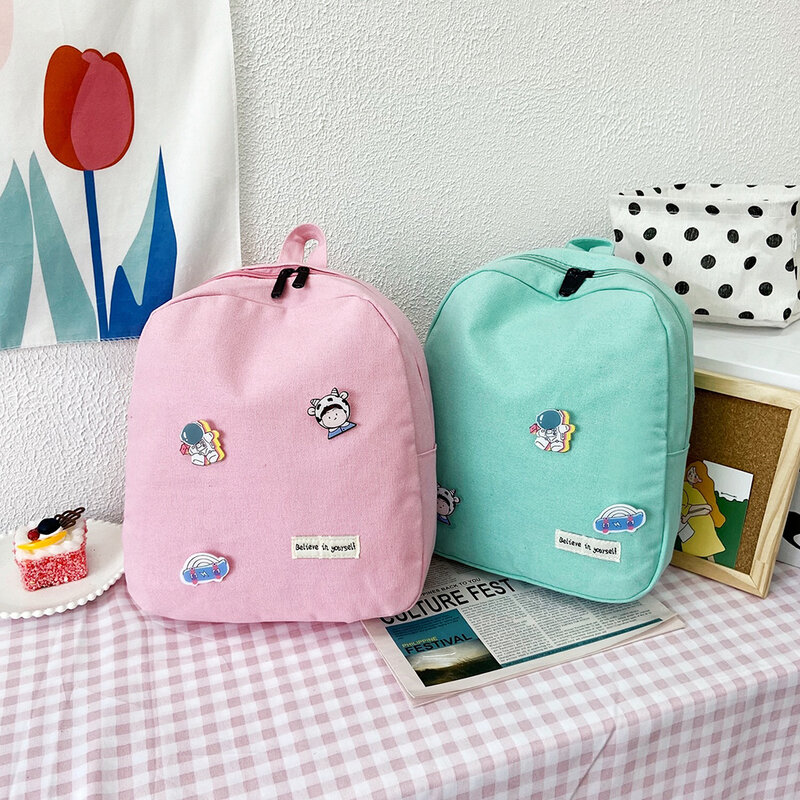 Kawaii frauen Rucksack Leinwand Candy Farbe Schule rucksack Tasche Preppy Stil für Mädchen Knapsack Rucksäcke Handtaschen Cartoon Abzeichen
