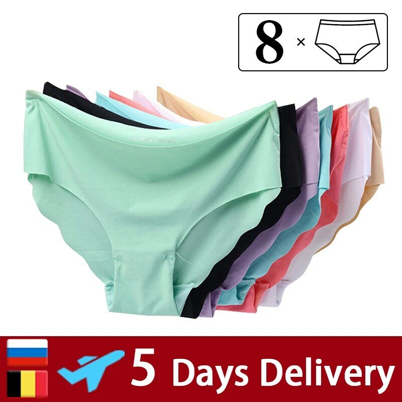 8pcs/lot Women Panties Sexy Underwear Seamless Briefs Set Ice Silk Panties Solid Underpants Ultra-Thin Lingerie Comfort Pants