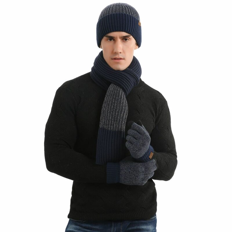 Touca de inverno masculina, quente, grossa, cachecol longo, antiderrapante, luvas para dirigir, conjunto de presentes para homens