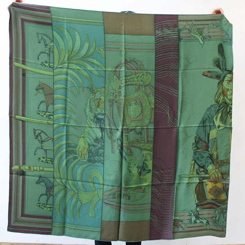 Luxe 100% Twill Zijden Sjaal Zand Wassen Sjaal Stola Vintage Indian Tribal Stijl Menselijk & Paard Print Hoofddoek Bandana 135*135Cm