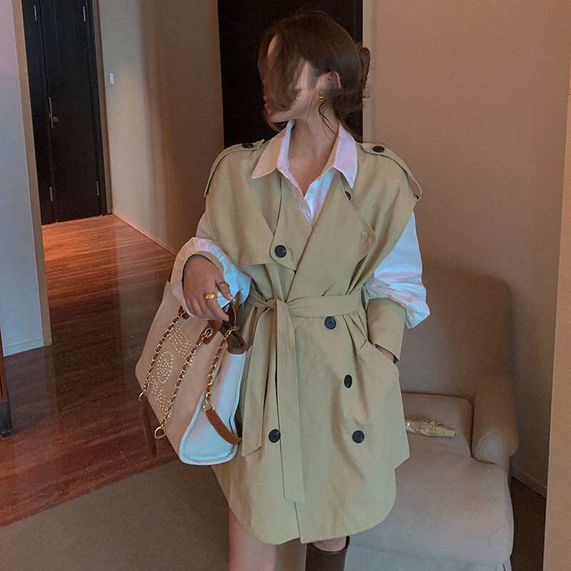 Long-sleeved Shirt Casual Double-breasted Trench Coat 2021 Summer Loose Ladies Clothing Windbreaker Chic Ladies 2-piece Set