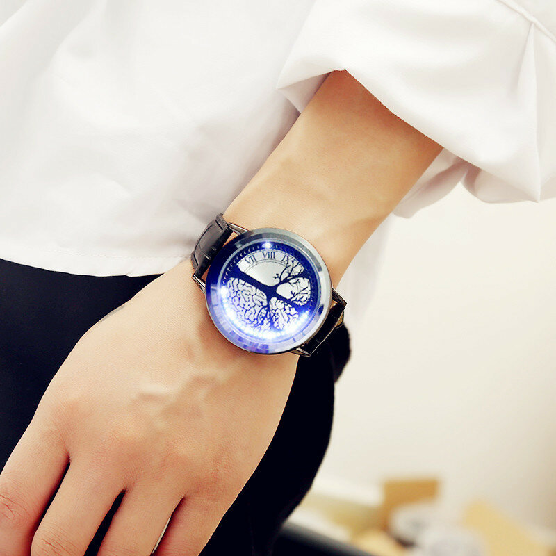 Relógio masculino com led sensível ao toque, relógio de quartzo com pulseira de couro