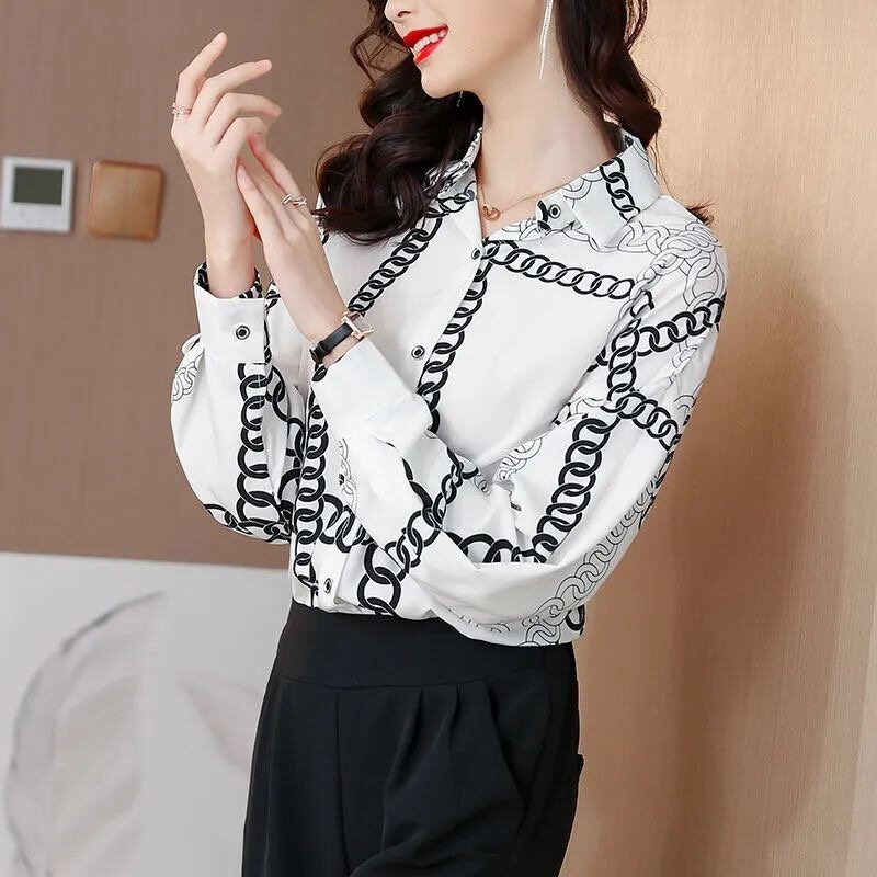 Блузка женская с отложным воротником, свободная белая рубашка в Корейском стиле, с винтажным принтом цепей, офисная блуза с длинным рукавом,...