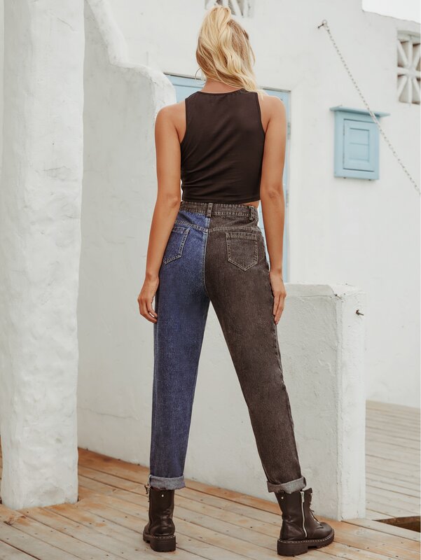 DIFIUPAI damskie spodnie wysokiej talii Vintage kontrastowe kolorowe spodnie jeansowe długie myte proste nogawki spodnie obcisłe dla Streetwear