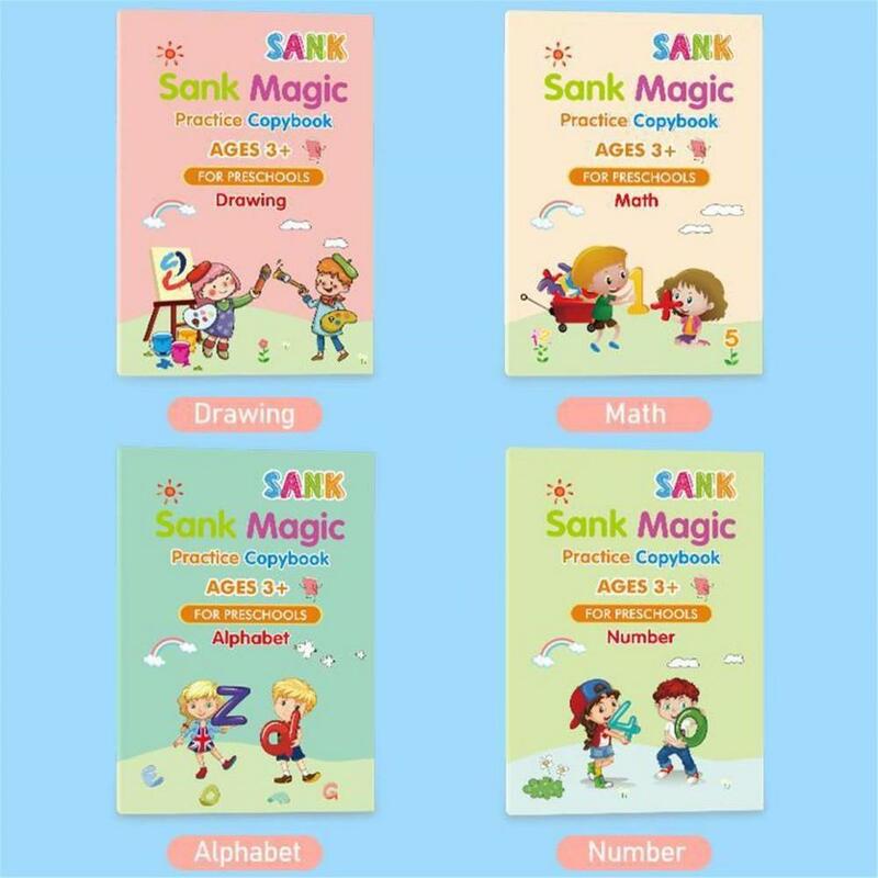 Copybook de Prática Mágica com Limpeza Gratuita, 4 Livros mais Caneta, Adesivo para Escrita Mágica Infantil para Crianças